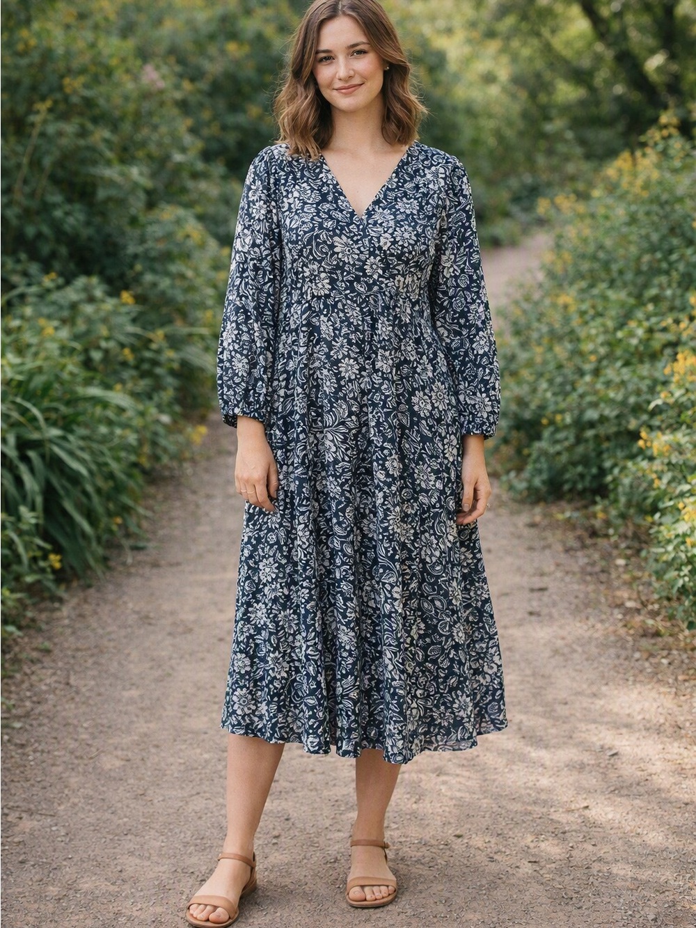 Rachel Zoe Navy and Cream Floral Midi Dress